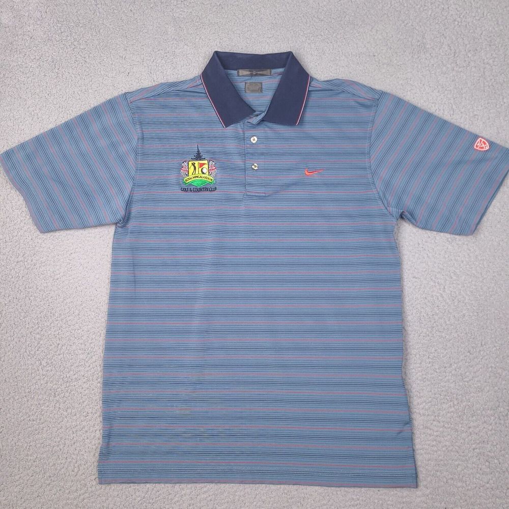 Nike Tiger Woods Polo Shirt Mens Medium Blue Striped Royal Mingalardon Golf Club